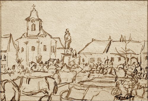Každé pondělí se náměstí zaplnilo kupujícími i prodávajícími. Na všechny dohlížela Panna Marie s Ježíškem.  Trh na náměstí, kresba L. Ehrenhaft