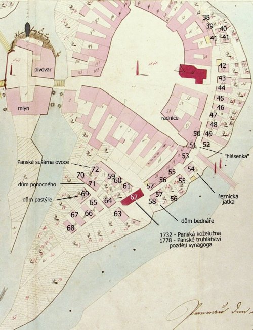 Město Veselí 1852, se starými čísly Kožešnické ulice a Rybníčku
