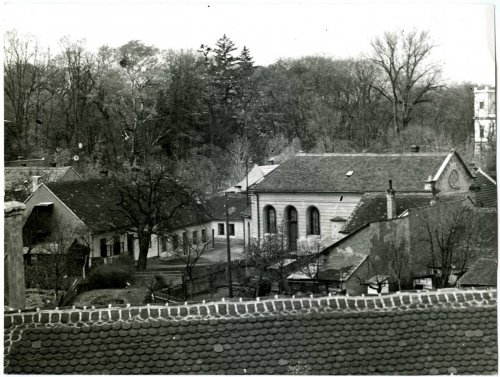 V pravé části vidíme synagogu. Dveře, 2 okna a vpravo od okna okrouhlý výklenek, ve kterém byla uložena tóra. Kolem roku 1930.
