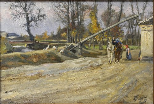 Zprava kousek mýtného domku, zleva Struha a v pozadí zámecké skleníky. Olej L. Ehrenhafta, 1909