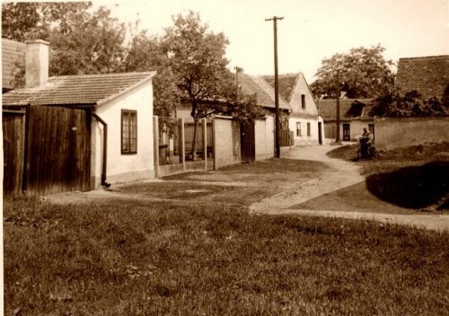 Rozárie Smištíková (*1877), tetička Bohumila Němečka a její domek, uprostřed snímku, schován za stromy. 